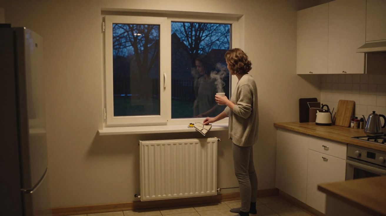 Pessoa a segurar chávena quente junto a janela numa cozinha ao anoitecer.