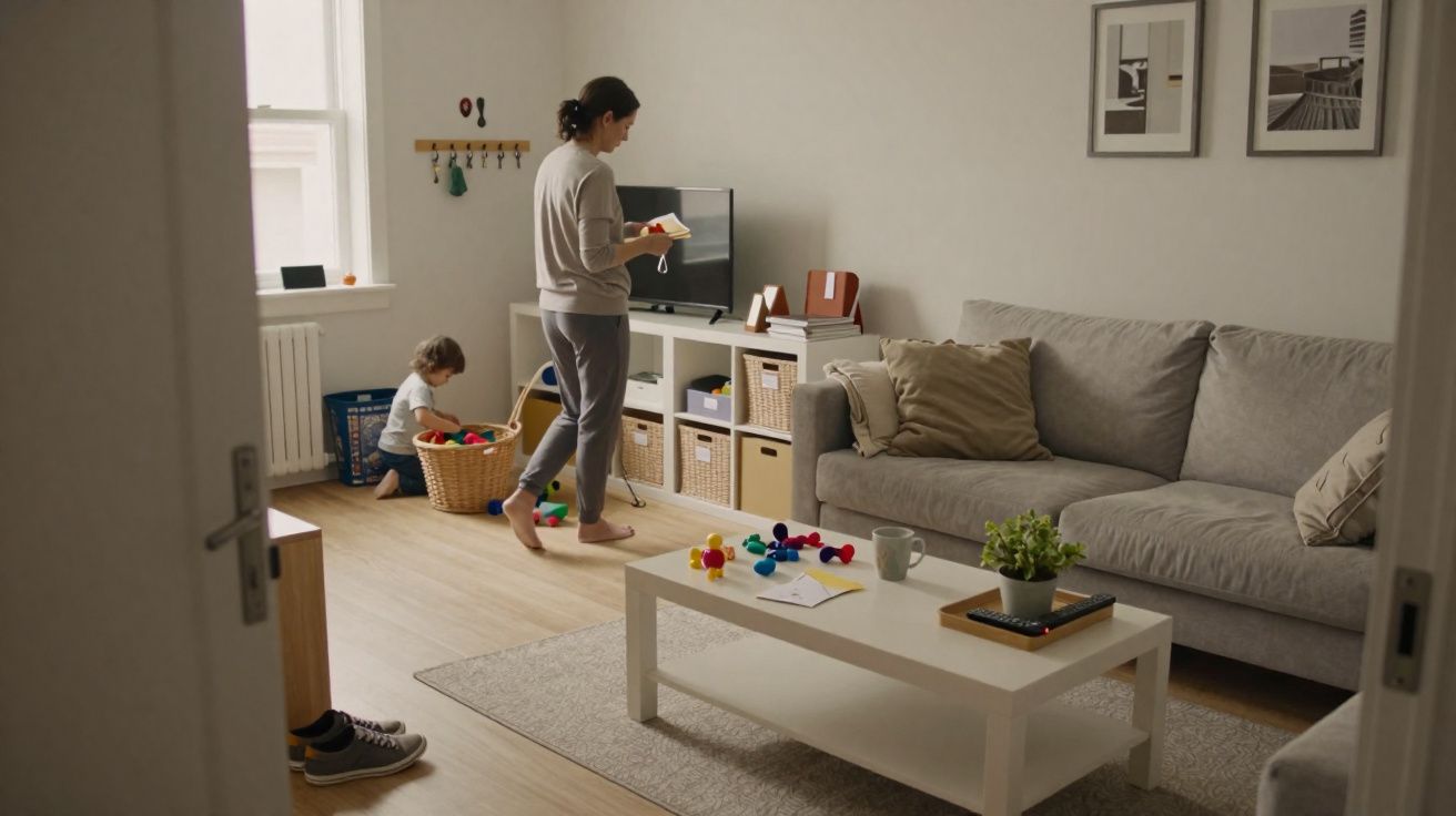 Mulher a ler livro numa sala moderna enquanto criança brinca com brinquedos no chão.
