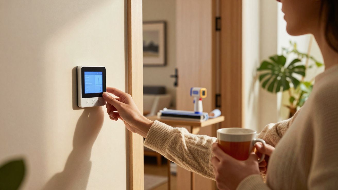 Pessoa ajusta termostato digital na parede enquanto segura uma chávena em sala de estar iluminada.