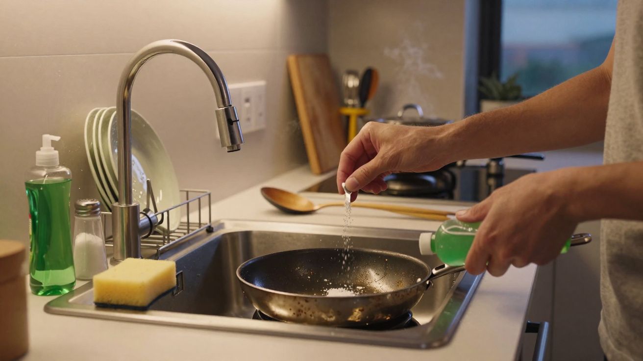 Pessoa tempera comida numa frigideira enquanto cozinha numa cozinha moderna, com lava-loiça ao lado.