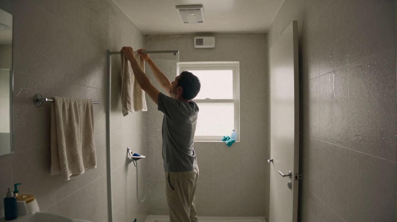 Homem a pendurar toalha na divisória do chuveiro numa casa de banho luminosa e minimalista.