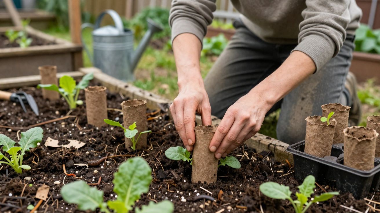 Pessoa a transplantar uma muda de planta num vaso biodegradável num canteiro de jardim.