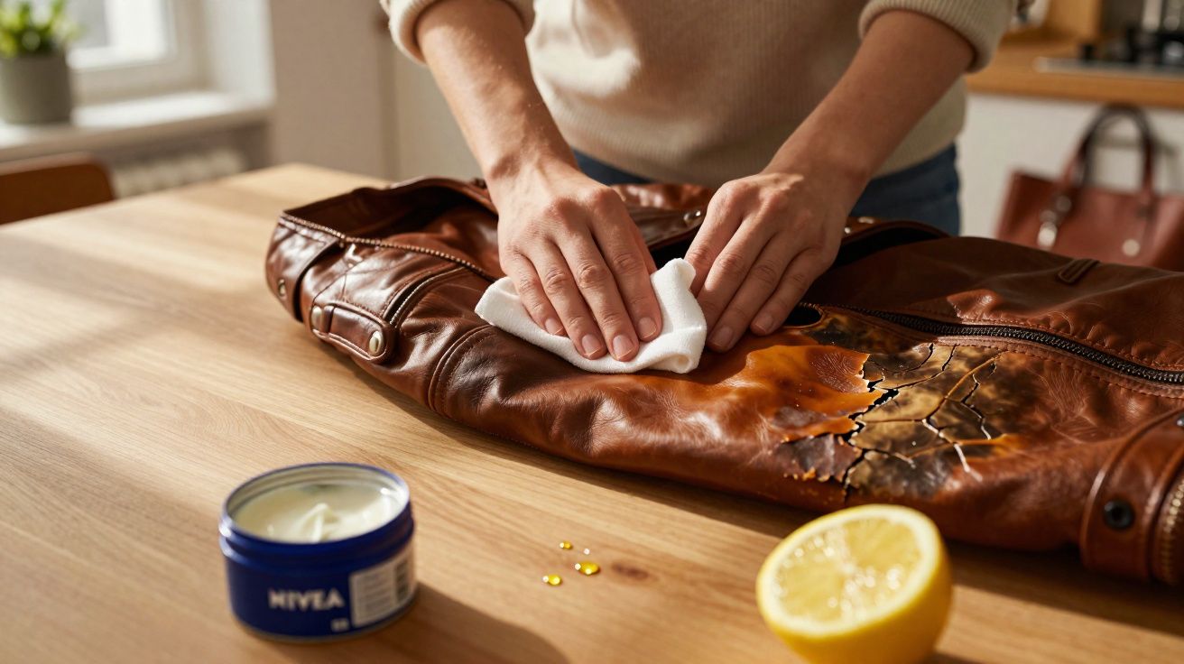 Pessoa a limpar e tratar uma jaqueta de couro danificada com um pano, creme e limão numa mesa de madeira.