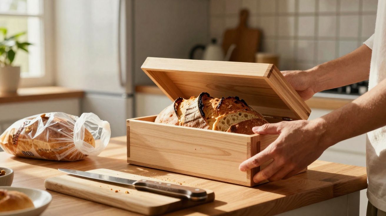 Pessoa a guardar pão em caixa de madeira numa cozinha iluminada e organizada.