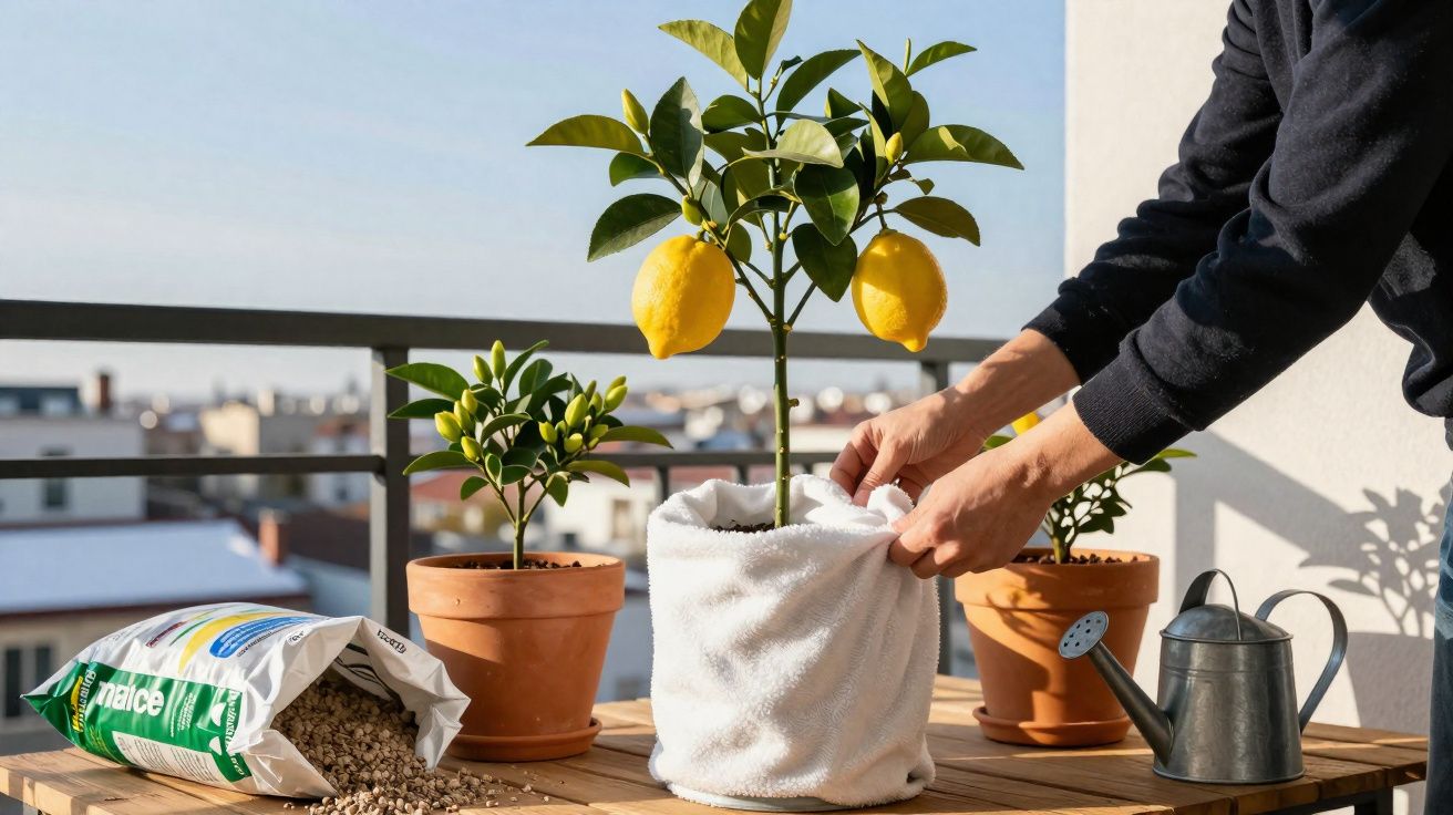 Pessoa a cuidar de planta com limões num vaso numa varanda, com regador e saco de substrato ao lado.