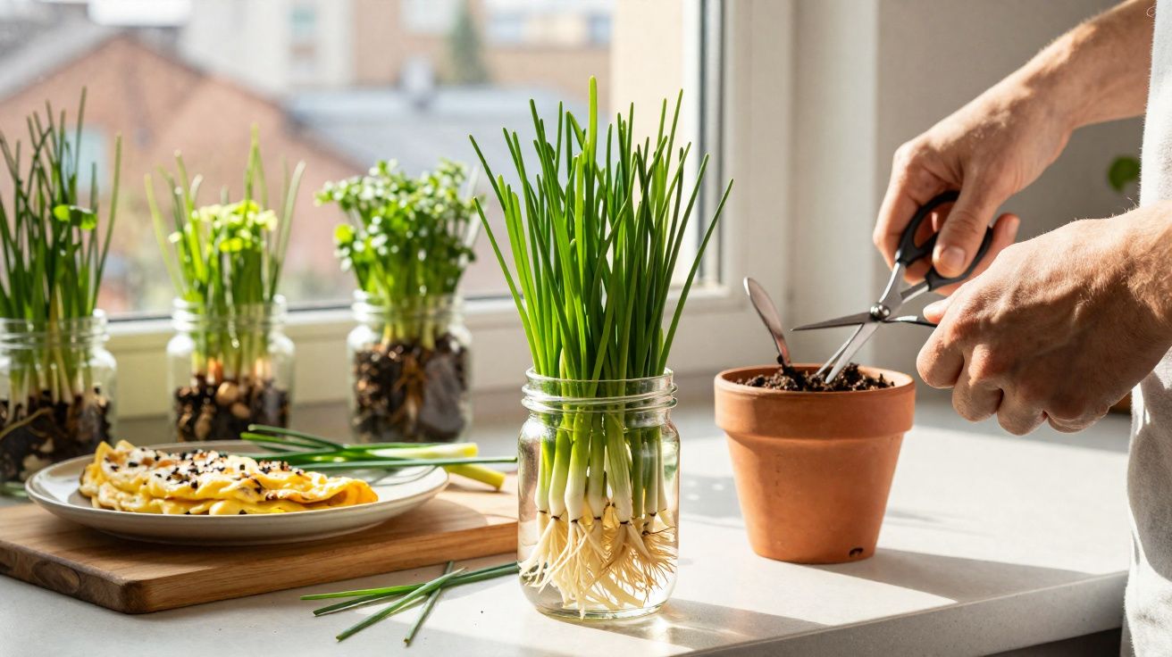 Pessoa a cuidar de plantas aromáticas em vasos e frascos, com omelete ao lado, numa cozinha iluminada.