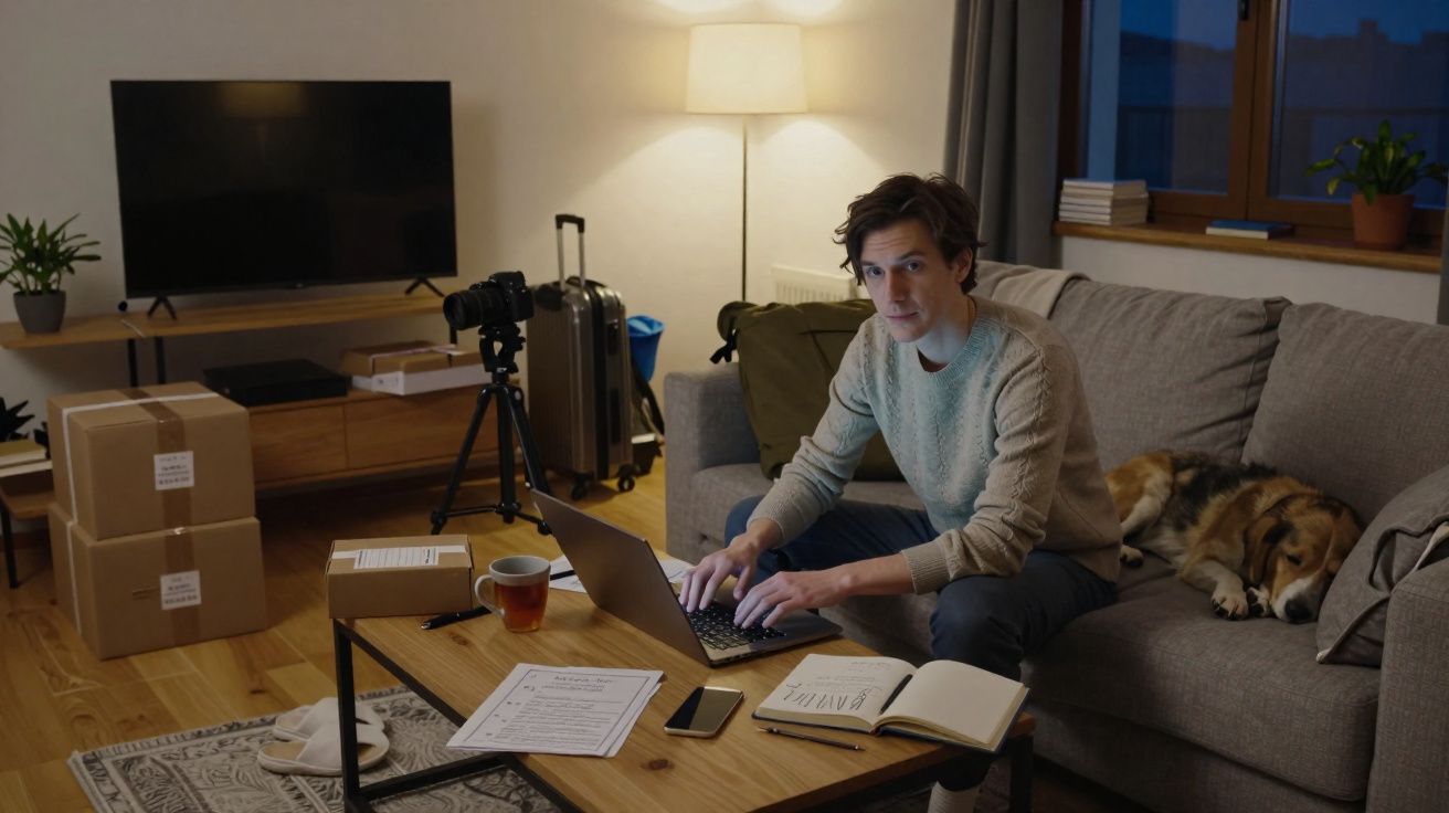 Homem sentado no sofá a trabalhar com portátil, ao lado cão adormecido, e caixas de mudanças numa sala iluminada.