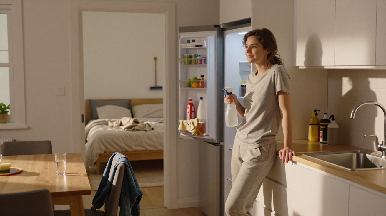 Mulher a sorrir na cozinha com frigorífico aberto, vestida com roupa confortável e a segurar um borrifador.