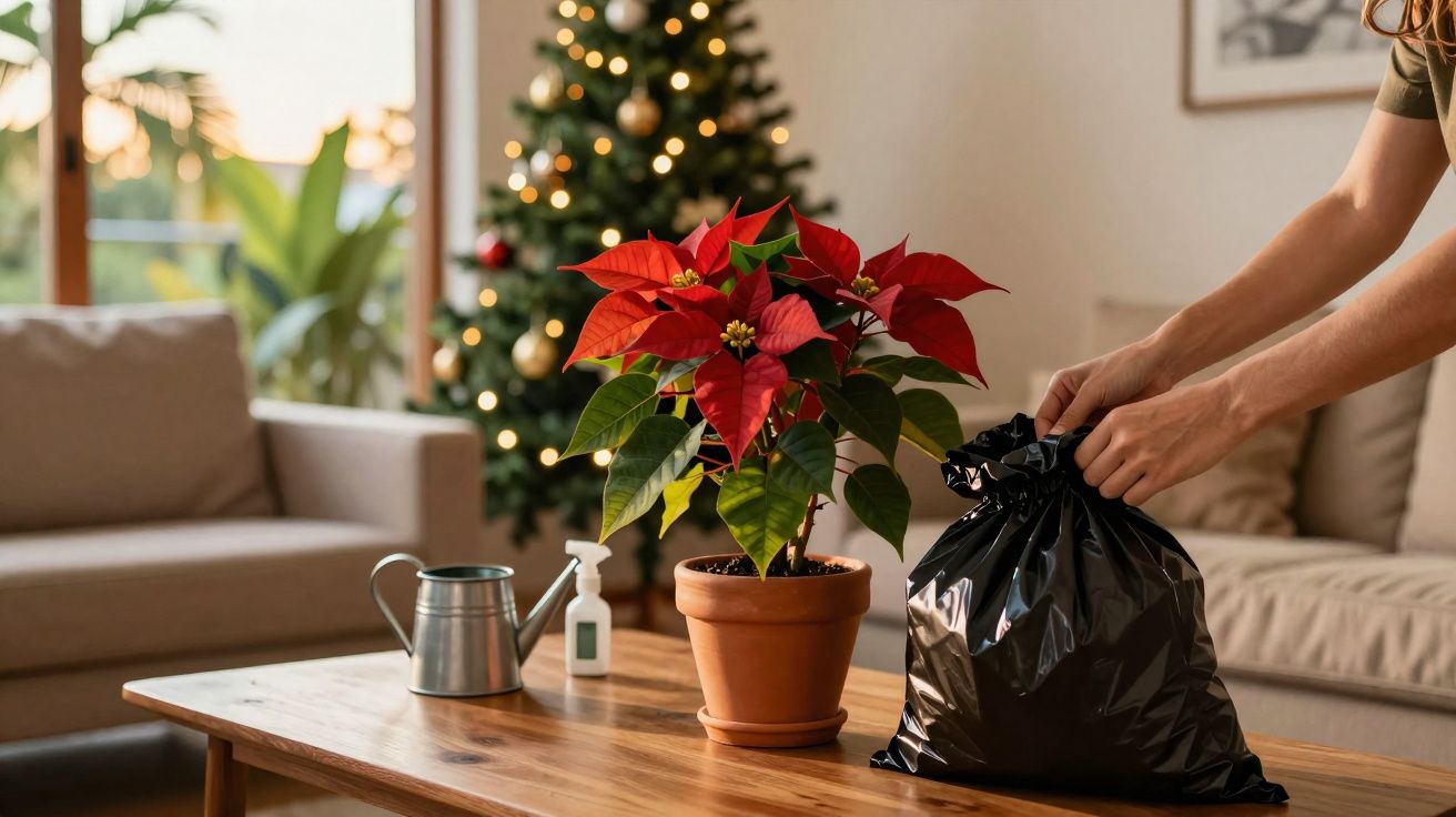 Mãos a fechar saco de lixo preto numa sala com vaso de flor-de-natal, regador e toalete sanitária sobre mesa.