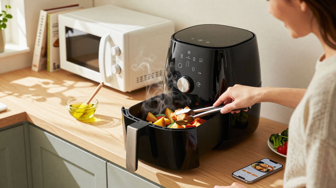 Pessoa a cozinhar legumes numa fritadeira elétrica preta numa cozinha iluminada.