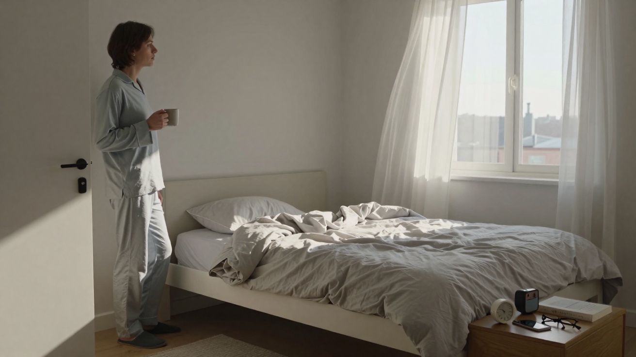 Pessoa de pijama a olhar pela janela numa manhã luminosa, segurando uma caneca junto a uma cama desfeita.