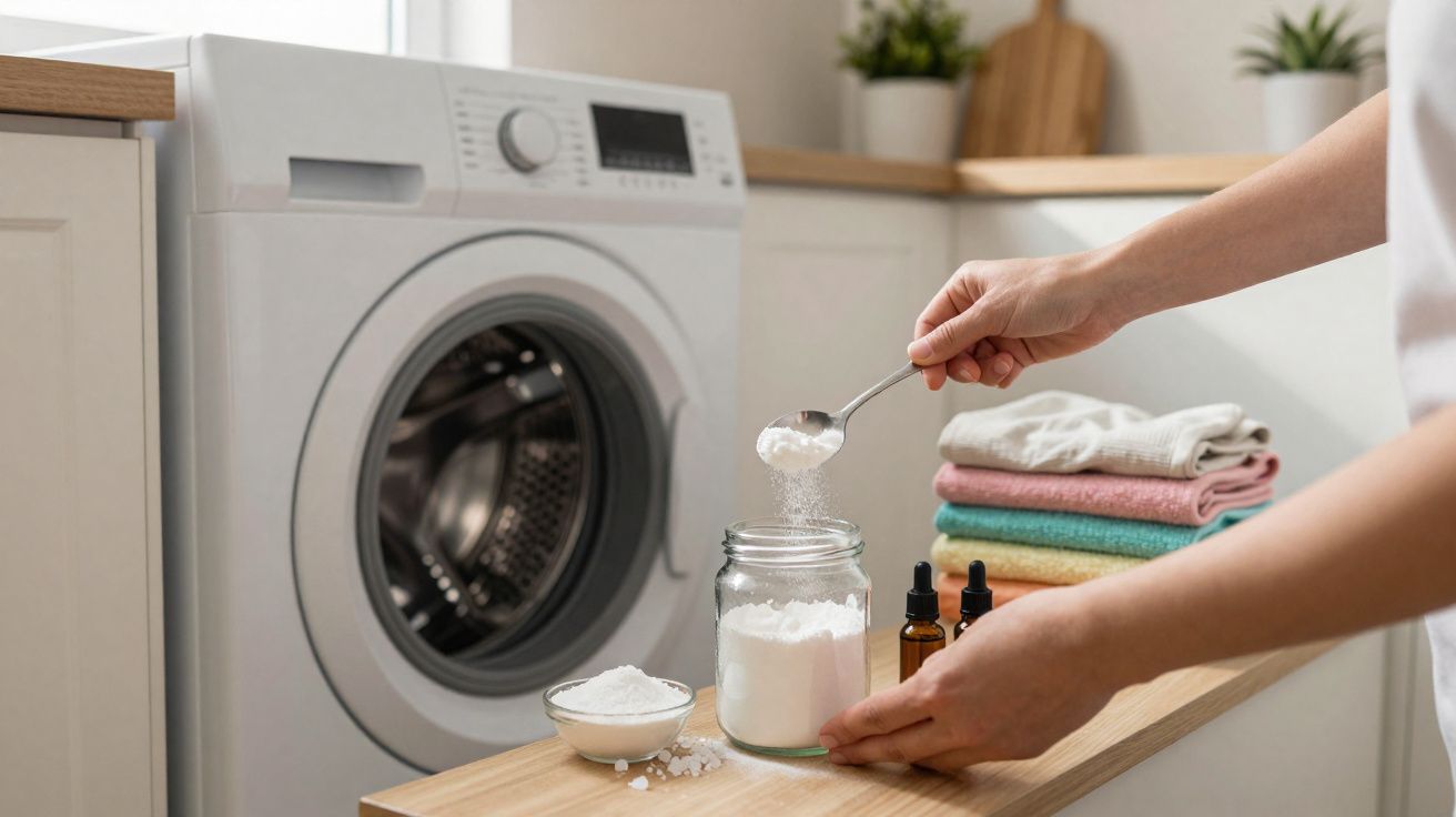 Mãos com colher a medir detergente em pó junto a máquina de lavar roupa e toalhas empilhadas.