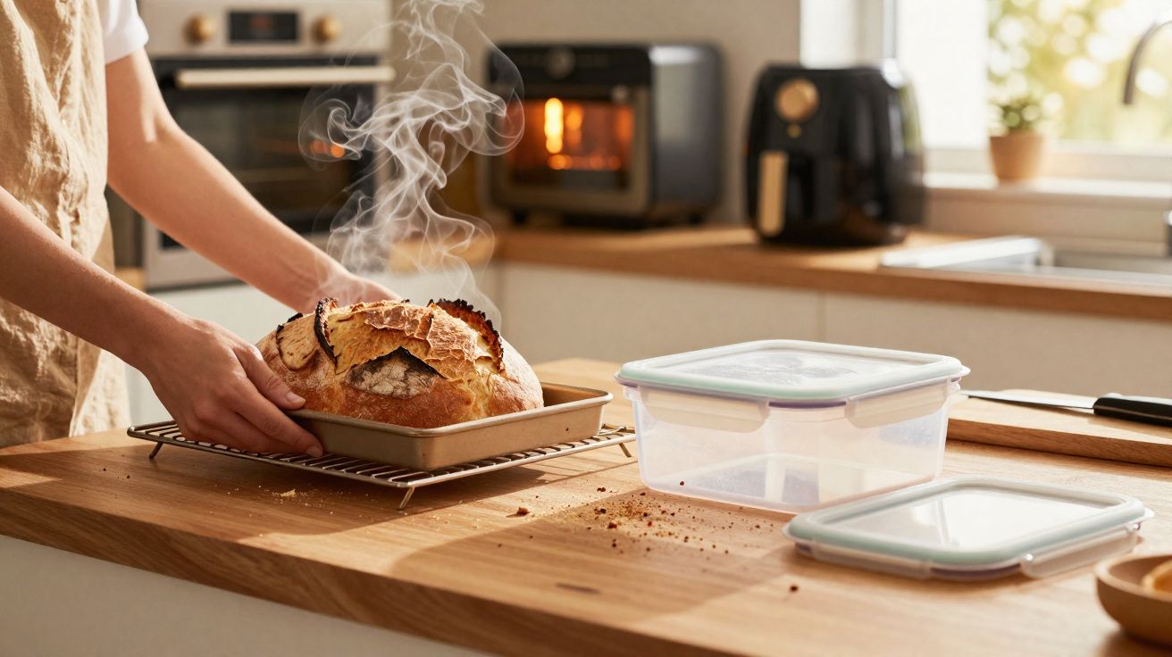 Pessoa a retirar pão quente e fumegante do forno numa cozinha moderna e luminosa.