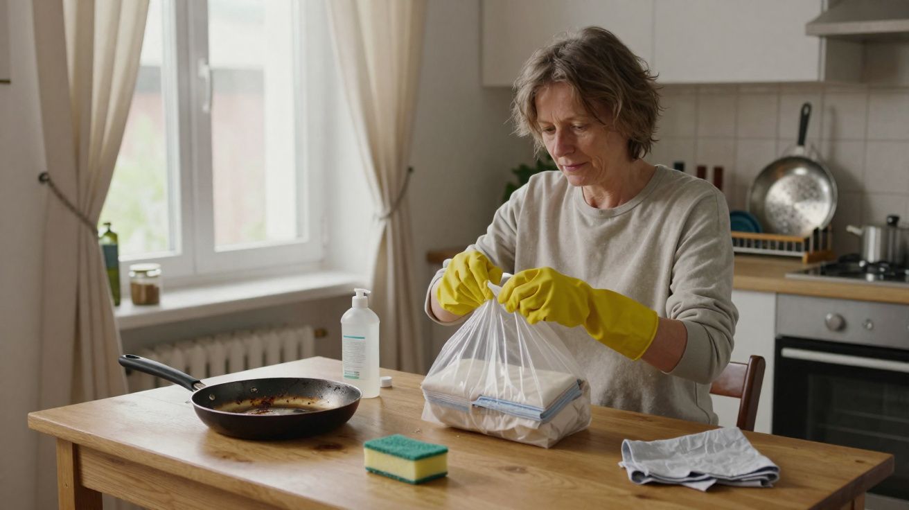 Mulher a colocar comida num saco plástico na cozinha, com luvas amarelas e utensílios à mesa.