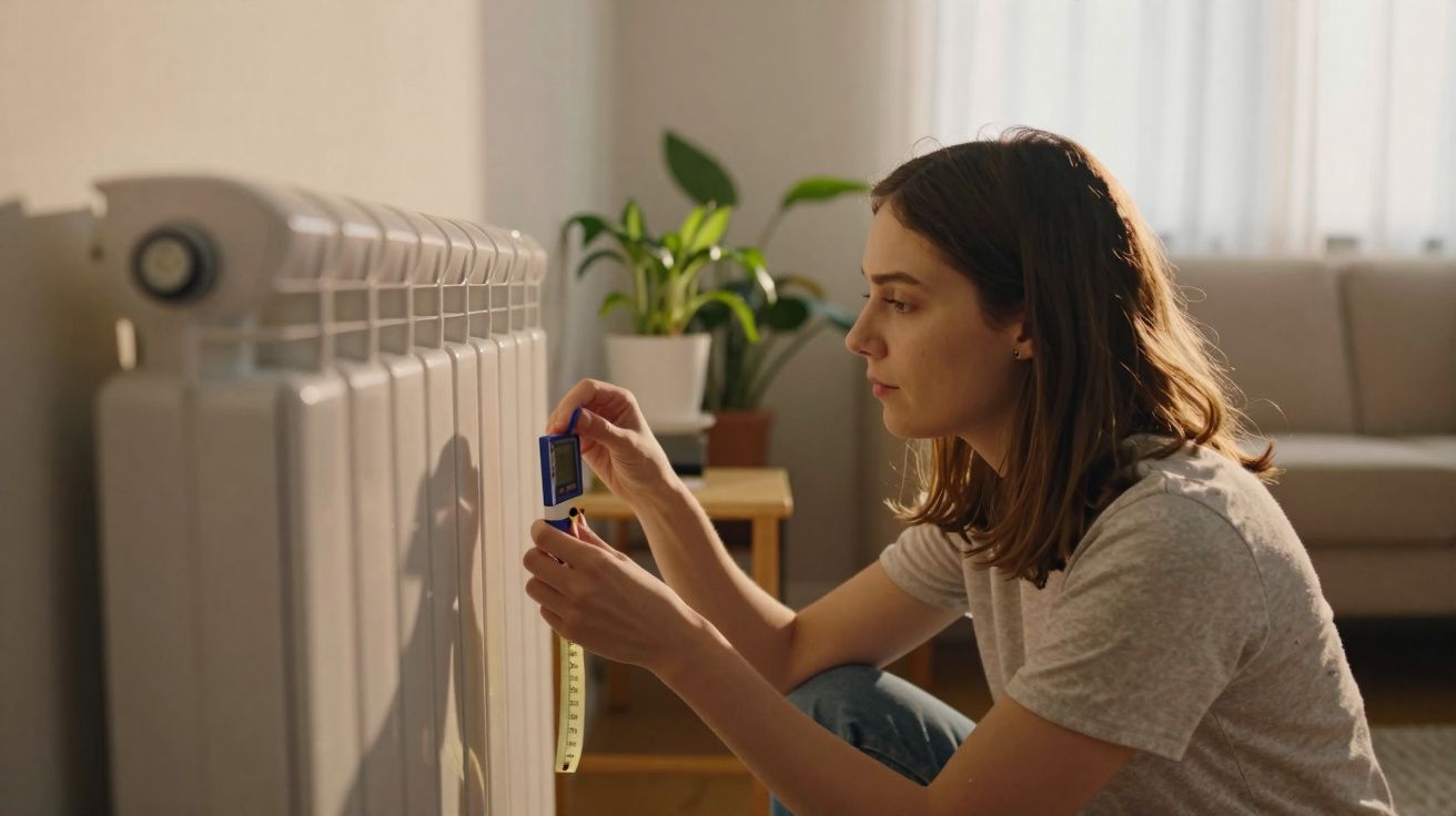 Mulher a medir a temperatura de um radiador numa sala de estar com plantas e sofá ao fundo.