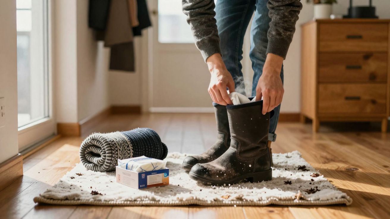 Pessoa a limpar botas pretas sujas com um pano, num tapete em chão de madeira, perto de caixa de lenços e manta enrolada.