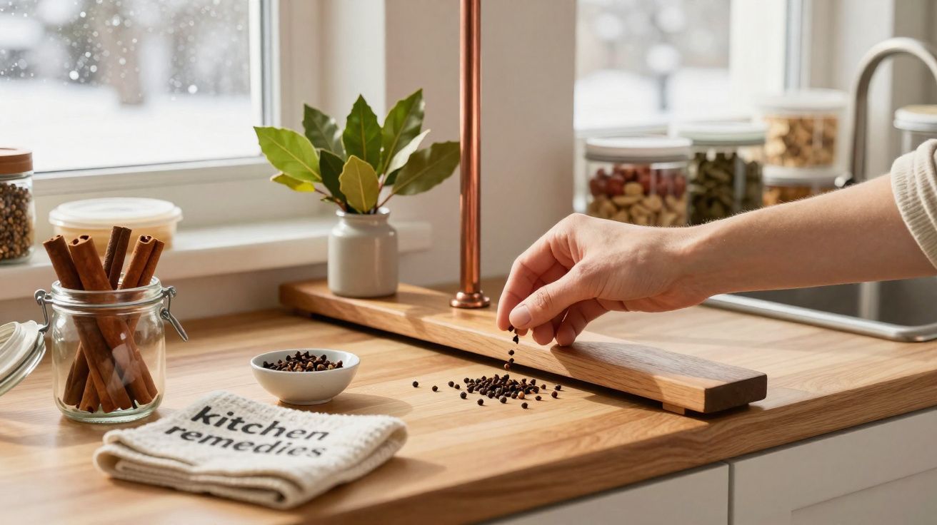 Mão a deitar especiarias pretas numa bancada de cozinha com paus de canela, folhas de louro e frascos ao fundo.