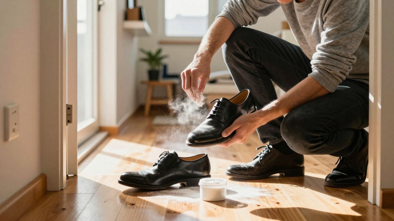 Homem polindo sapatos de couro pretos no chão de madeira dentro de casa.