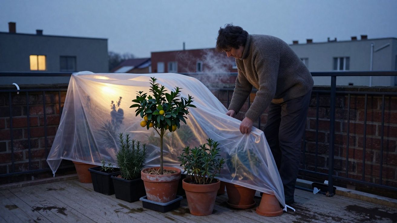 Homem cobre plantas com plástico transparente numa varanda ao entardecer para as proteger do frio.