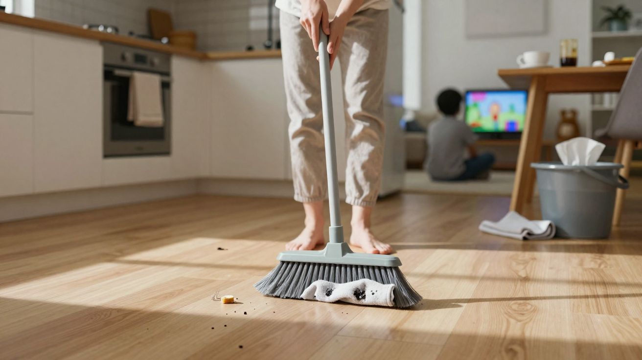 Pessoa a varrer o chão de madeira da cozinha com uma vassoura, enquanto criança vê televisão ao fundo.