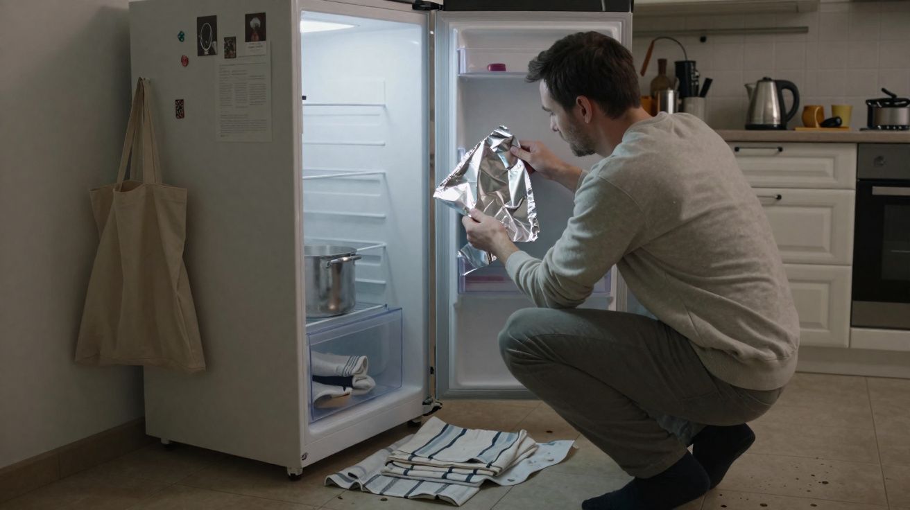 Homem agachado a colocar papel alumínio no frigorífico aberto numa cozinha moderna.