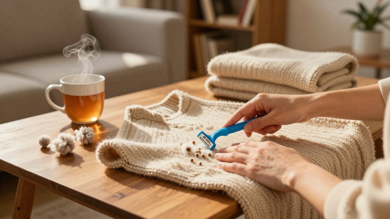 Pessoa a remover bolinhas de um casaco de malha bege numa mesa de madeira com chá quente ao lado.