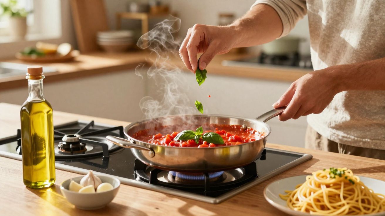 Pessoa a cozinhar molho de tomate com manjericão numa frigideira no fogão a gás.