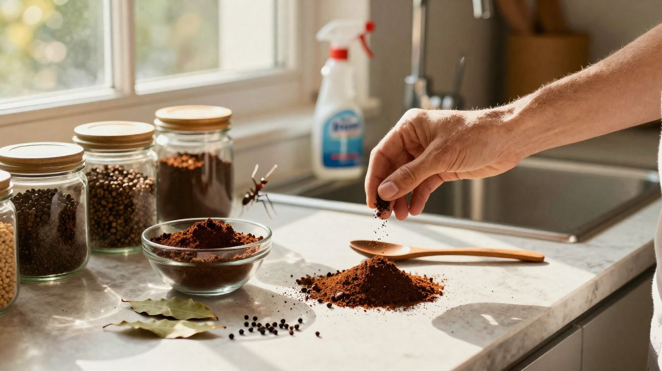 Pessoa a apanhar café moído numa bancada de cozinha com frascos de especiarias ao fundo e uma formiga próxima.