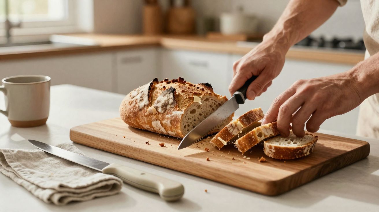 Pessoa a cortar pão rústico em fatias numa tábua de madeira numa cozinha moderna.