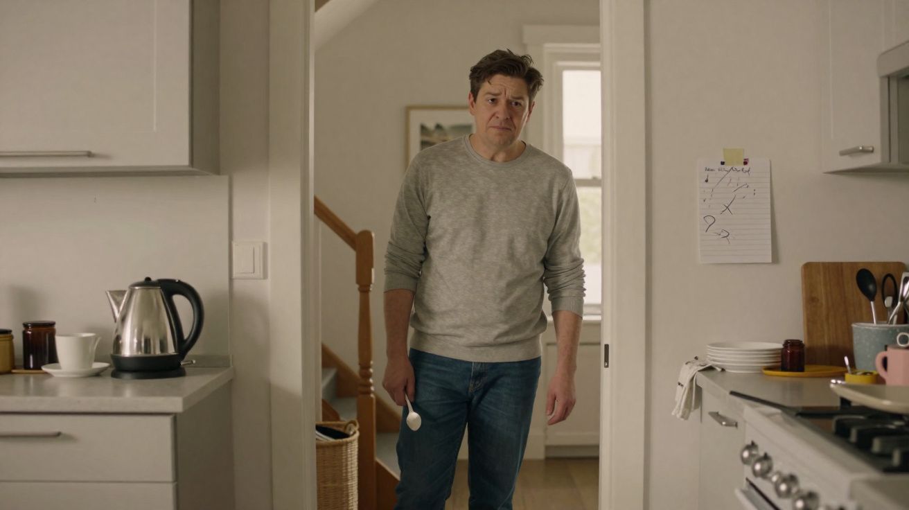 Homem de camisola cinzenta e jeans na cozinha, com expressão preocupada, segurando colher branca.