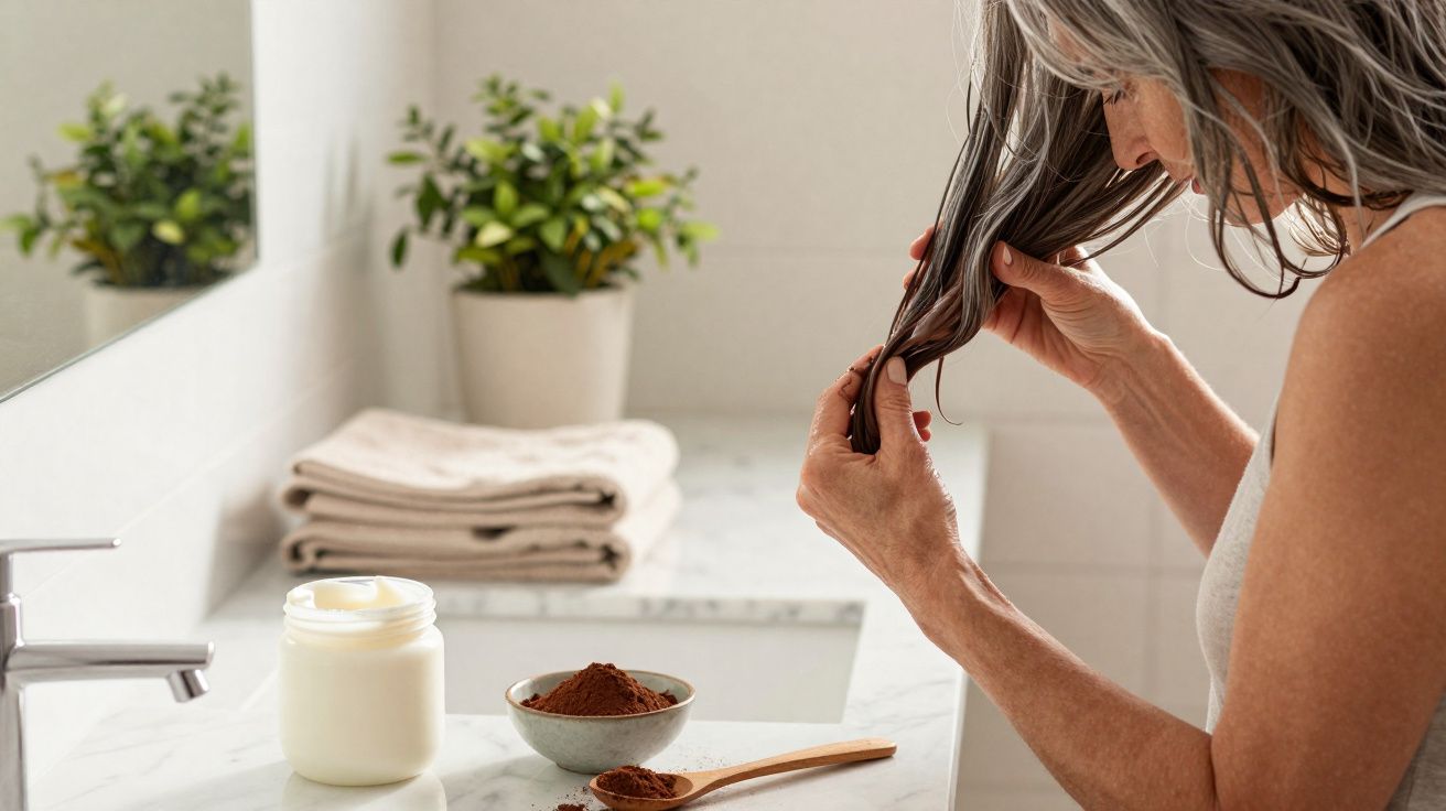 Mulher a aplicar máscara de cabelo num banheiro com plantas e toalhas ao fundo.
