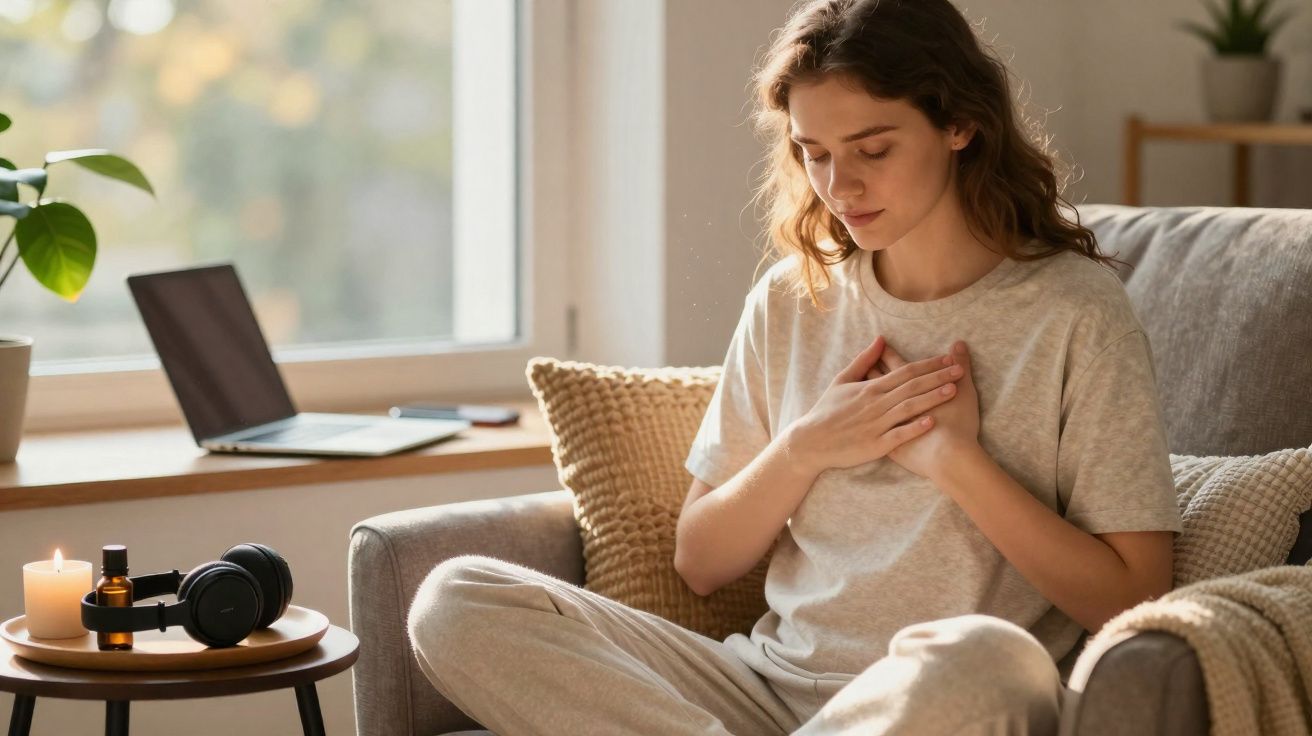 Mulher sentada no sofá com as mãos no peito, praticando meditação ou autocuidado em casa.
