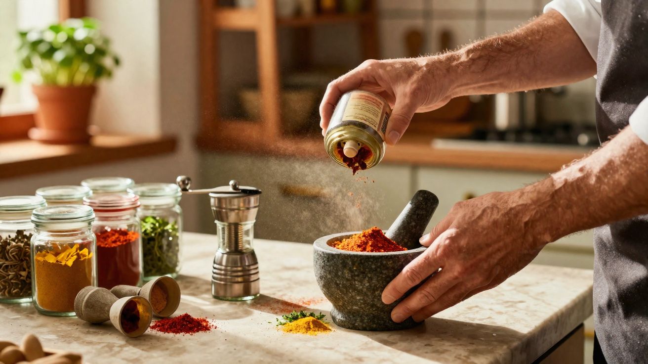 Mãos a preparar especiarias num almofariz numa cozinha moderna com frascos de ervas e especiarias ao fundo.