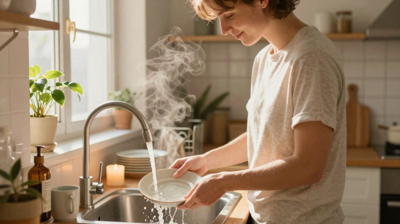 Pessoa a lavar um prato com água quente numa cozinha iluminada e com plantas na janela.