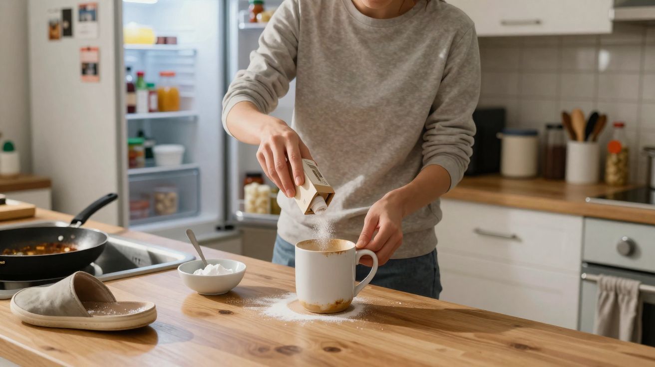 Pessoa a adicionar açúcar a uma caneca numa cozinha moderna e luminosa.