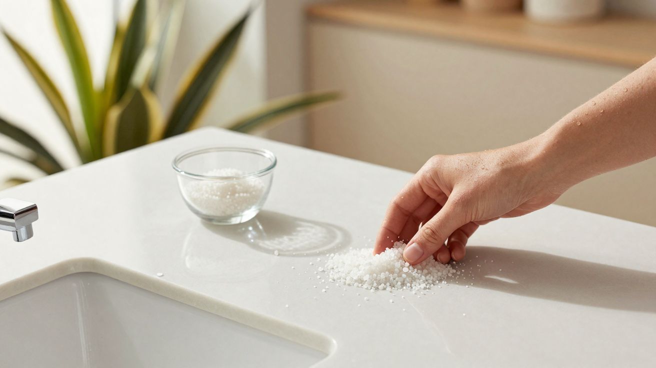 Mão feminina espalha sal grosso sobre bancada branca perto de cuba de cozinha com planta ao fundo.