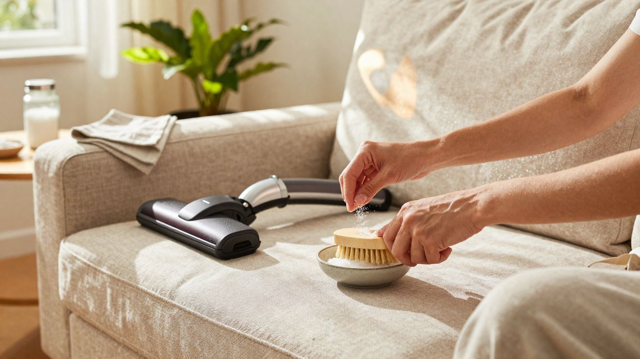Pessoa polvilha pó de limpeza num pincel ao lado de aspirador num sofá bege claro numa sala iluminada.