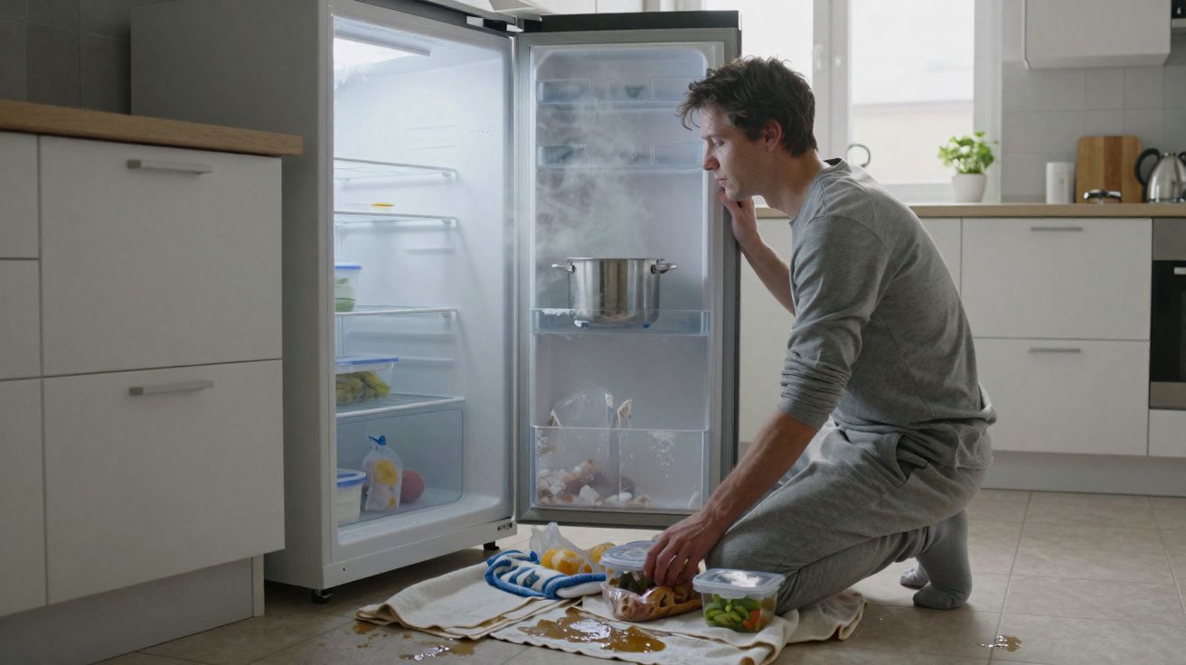 Homem ajoelhado tenta limpar líquido derramado frente a frigorífico aberto que solta vapor na cozinha moderna.