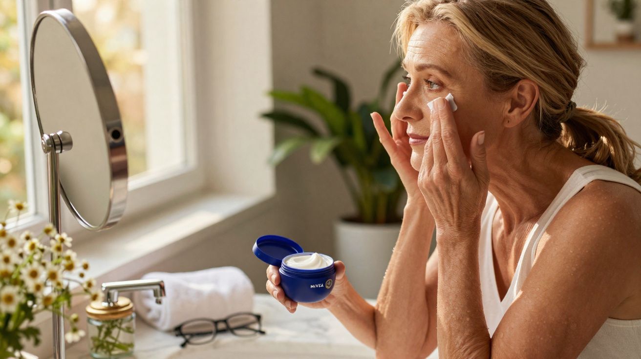 Mulher adulta aplica creme hidratante no rosto em frente a espelho num ambiente luminoso e acolhedor.