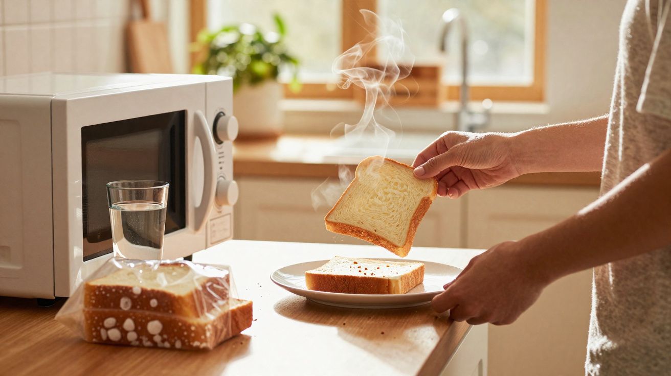 Pessoa a retirar fatia de pão quente de prato na cozinha, com micro-ondas e copo de água na bancada.