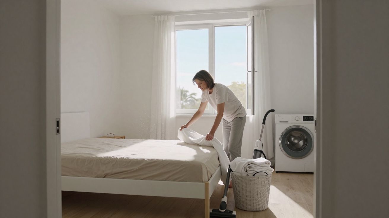 Mulher a arrumar a cama num quarto iluminado, com cesto de roupa e máquina de lavar ao fundo.