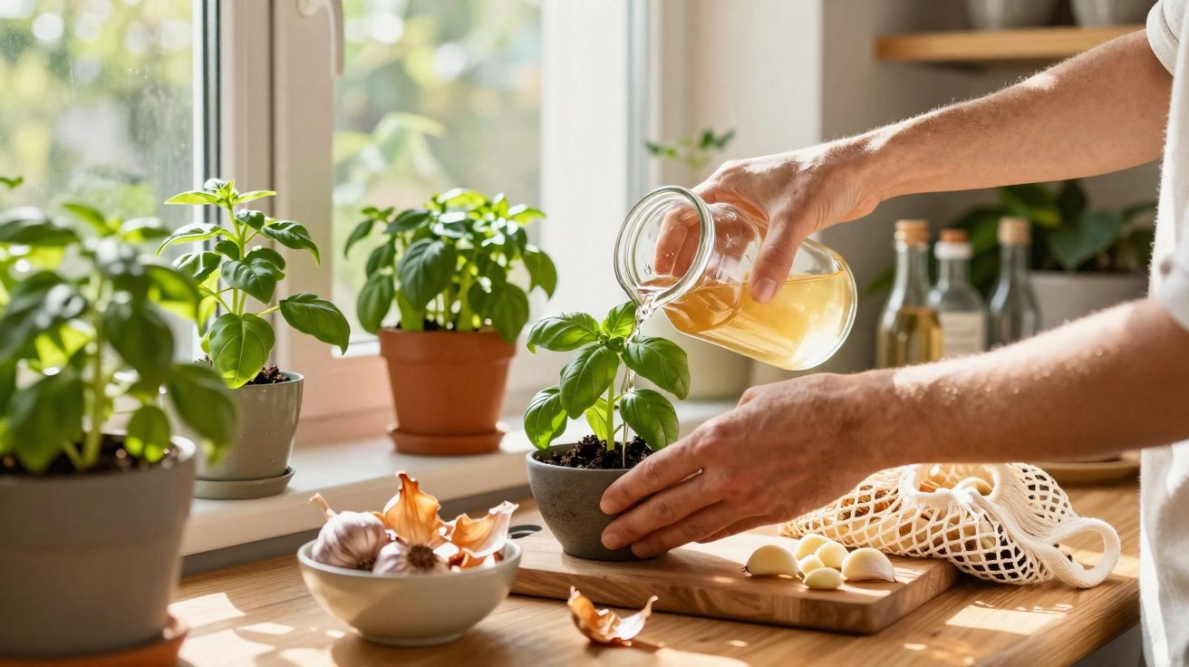 Mãos a regar planta de manjericão numa cozinha iluminada com várias plantas e alho sobre a bancada.