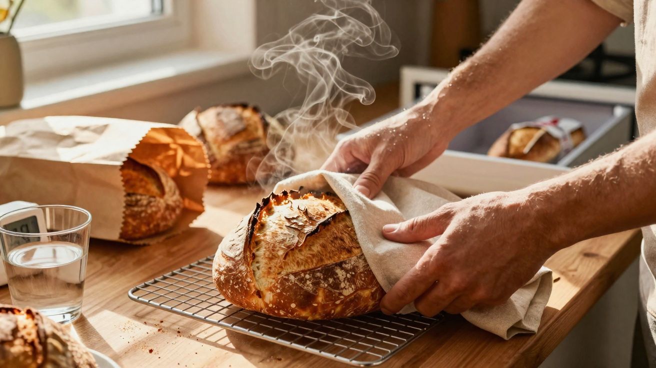 Mãos a retirar pão quente e fumegante do tabuleiro de arrefecimento numa cozinha iluminada.