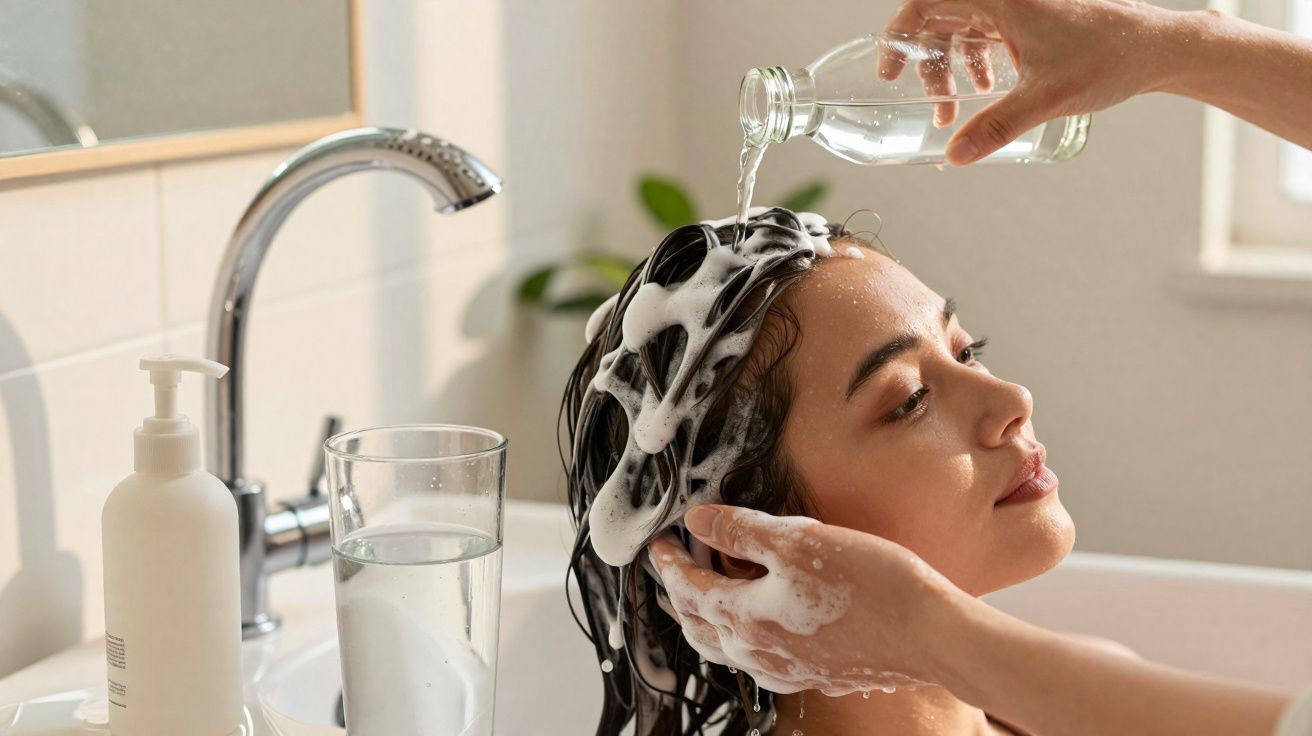 Pessoa a lavar o cabelo com espuma e água num lavatório de casa de banho iluminada.