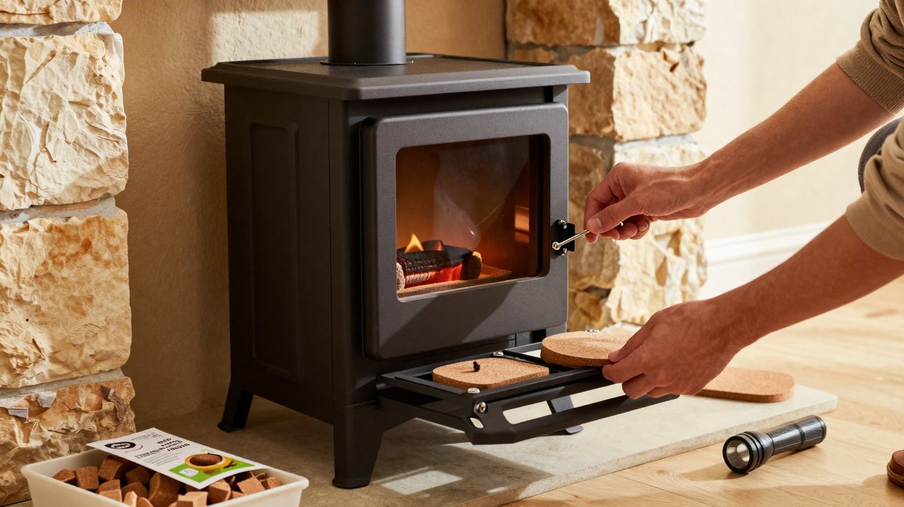 Lareira a lenha preta em metal com fogo aceso e mãos a colocar protetor de calor na porta.