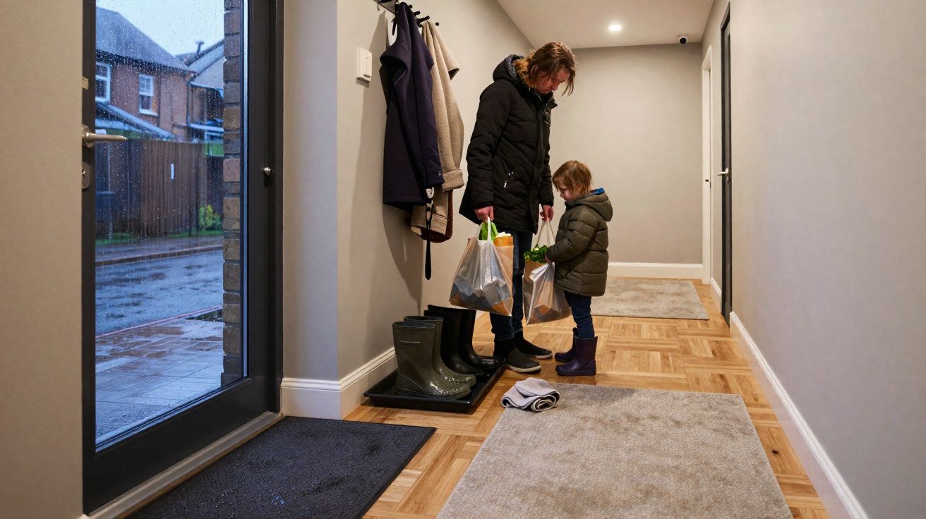 Mulher e criança com casacos a deixar sacos de compras num corredor acolhedor junto à porta aberta numa dia de chuva.