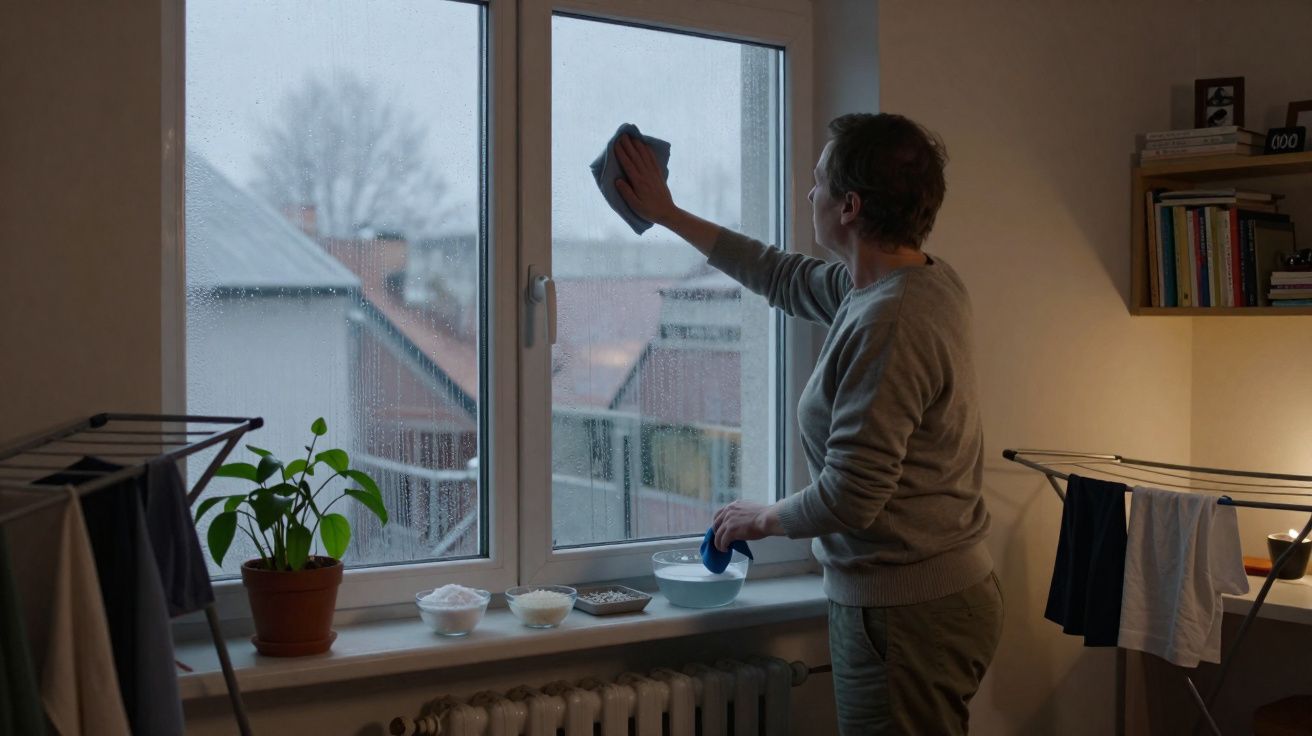 Pessoa a limpar a janela interior numa casa durante um dia chuvoso, com roupas a secar e planta na janela.