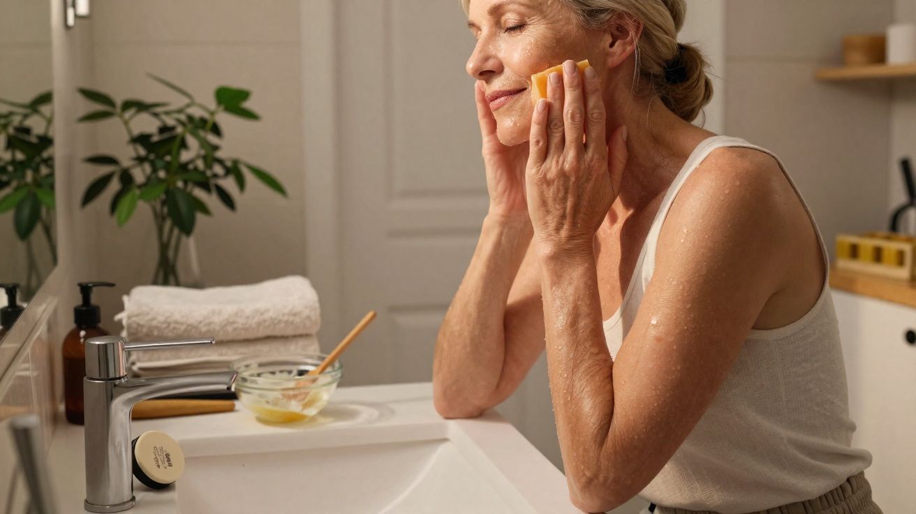 Mulher madura a limpar o rosto com algodão no lavabo de casa, ambiente iluminado e acolhedor.