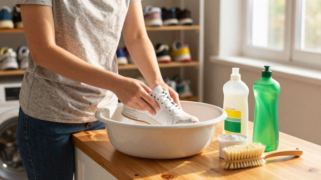 Pessoa a lavar sapatilhas brancas numa bacia com produtos de limpeza numa mesa junto à janela.