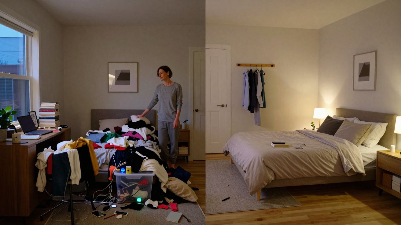 Quarto dividido ao meio, com um lado desarrumado e roupa espalhada, e o outro arrumado e organizado.